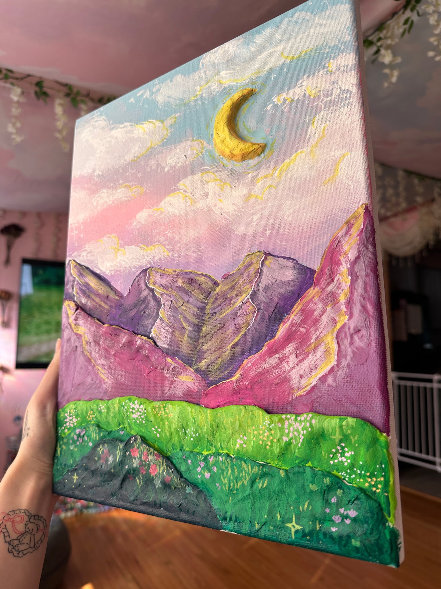 Moonlit Fields 14” x 11” Canvas Acrylic & 3D Clay Painting